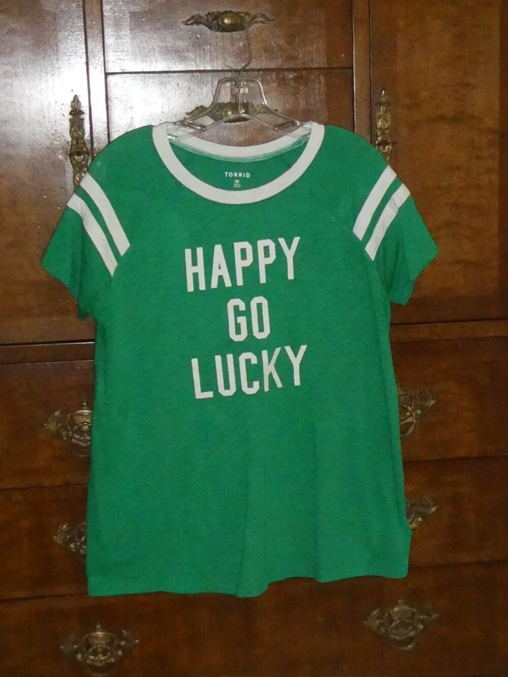 Torrid Green T-shirt "Happy Go Lucky" Size 00 + M/L = 10
